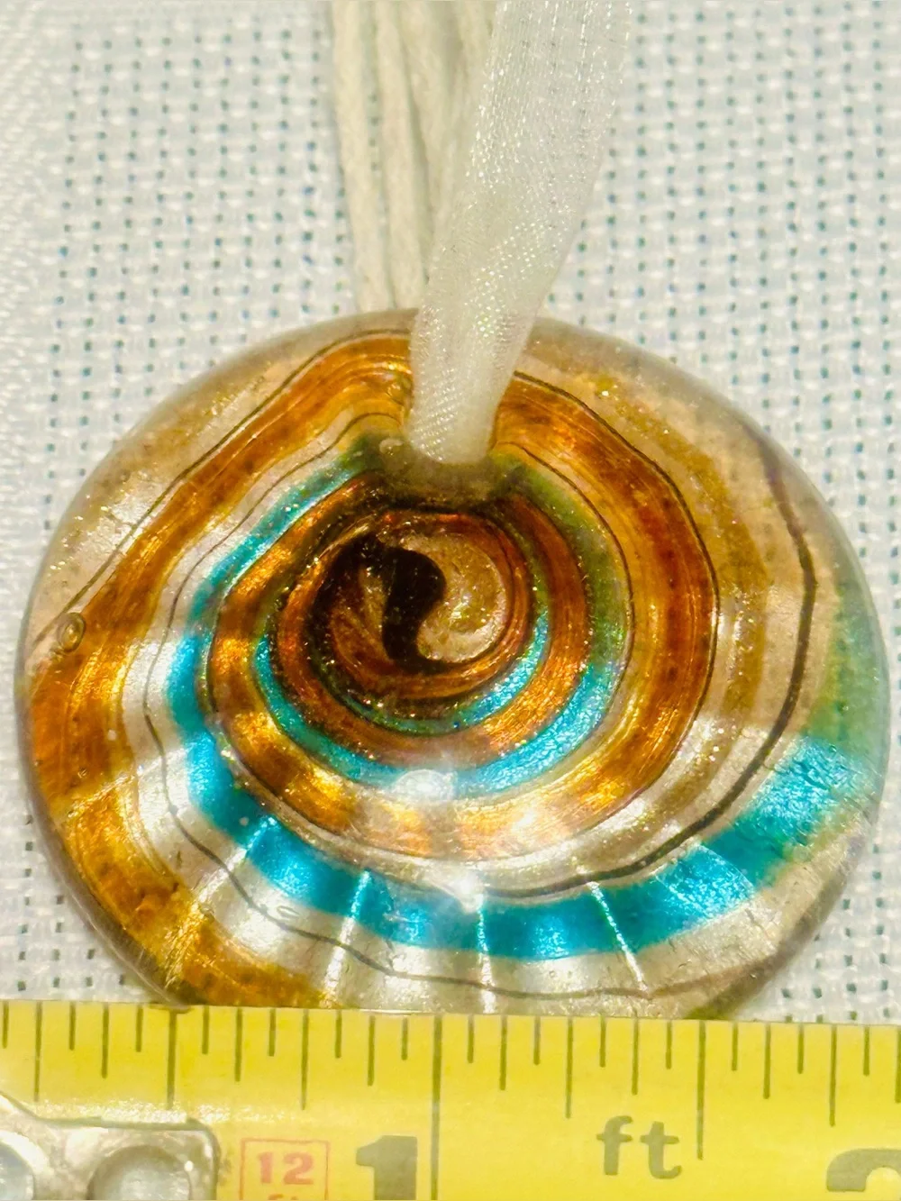 Murano Style Spiral Art Glass Round Bronze/Teal Pendant Necklace w/Claw Clasps